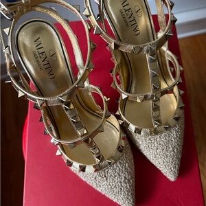 Valentino Garavani Gold and Cream Studded Heels